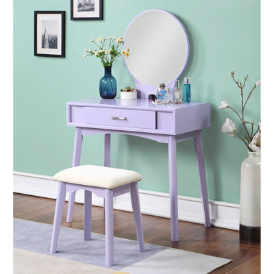 Meuble-lavabo contemporain avec tabouret, pieds fuselés mauves, P 12,6 po x l 32,17 po x P 16,79 po et H 52,05 po