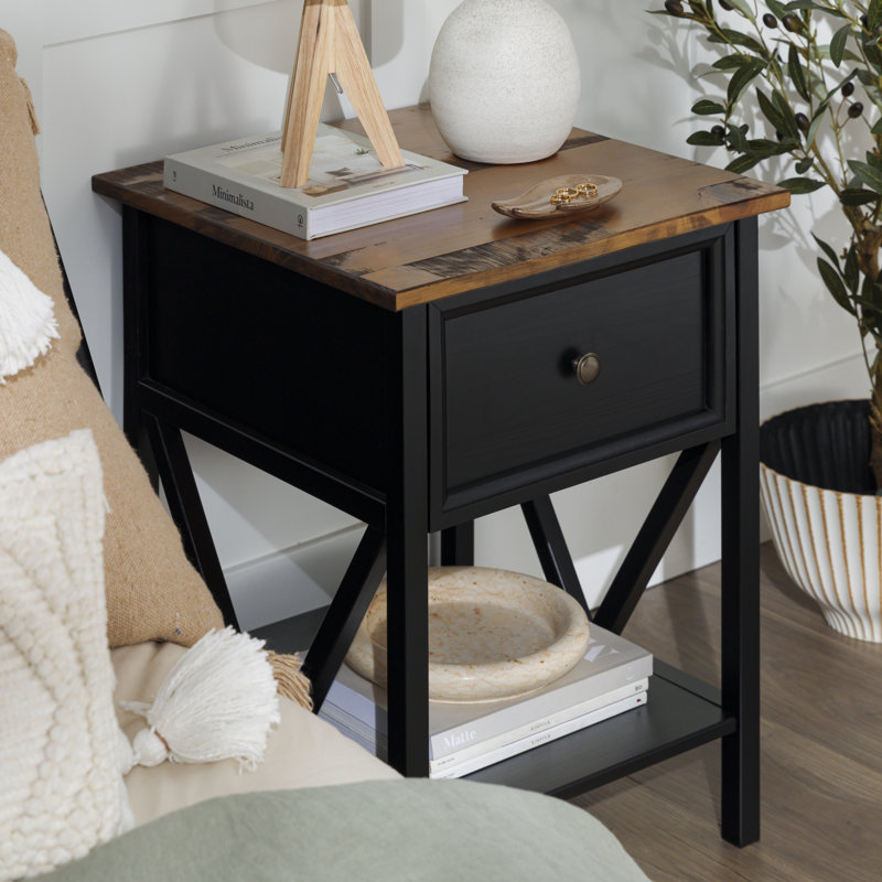 Solid Wood End Table with Storage, Rustic Oak, Black