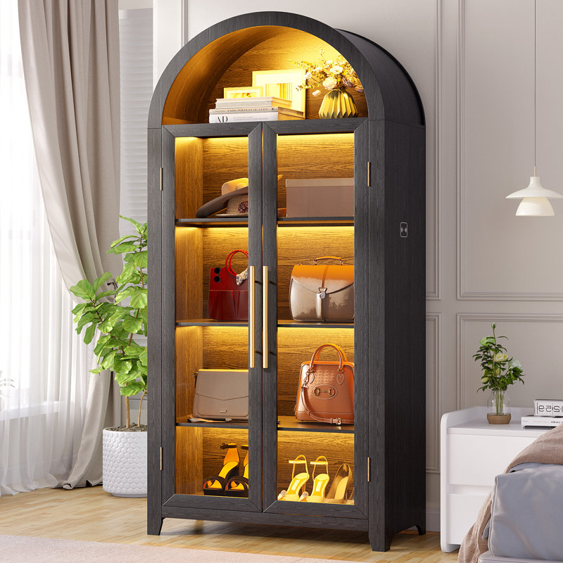 Freestanding Arch Display Cabinet with 3-Color Light Modes and Motion Sensor, Black