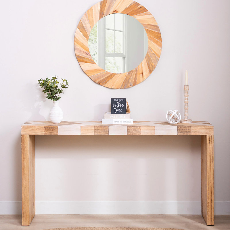 Console moderne, longue table d'entrée avec plateau à chevrons, canapé en bois manufacturé pour le couloir, le salon ou le bureau