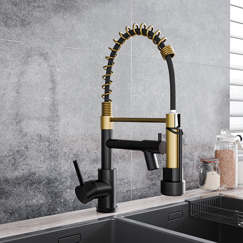 Belfry Kitchen Lippencott Pull Down Kitchen Faucet, Gold/Black