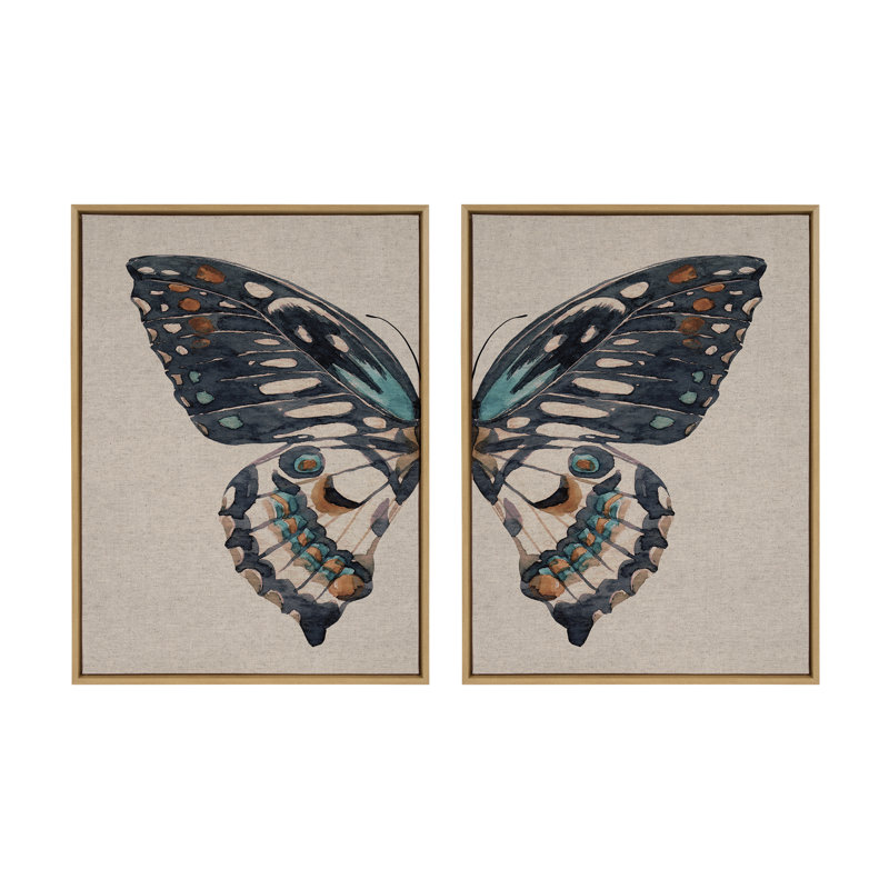 «Boho Butterfly Watercolor Diptych Neutral Lin» par The Creative Bunch Studio, ensemble d'art mural sur toile encadrée, Tanné