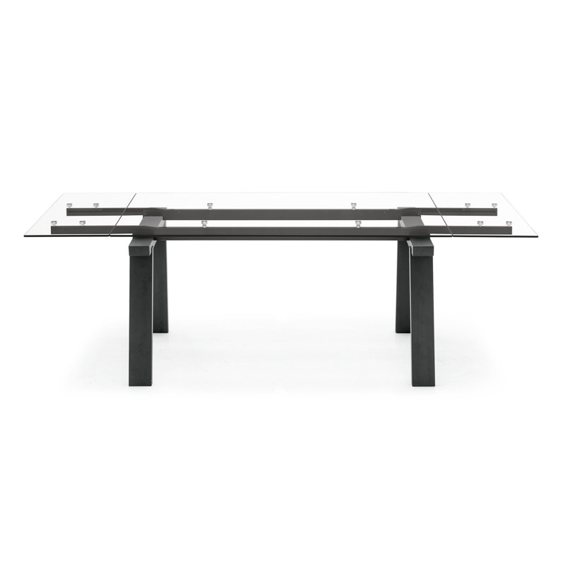 Levante Glass Extendable Table with Wooden Legs, 30"H x 55.13"L x 35.5"W, Clear/Black