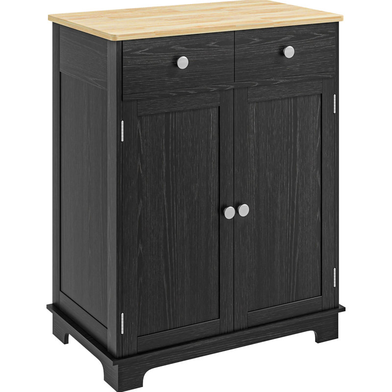 Buffet noir vieilli avec portes - Plateau en bois massif, 2 tiroirs, tablette réglable pour le rangement de la cuisine, portes modernes, couleur