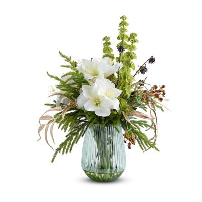 FRESH CUT RED AMARYLLIS IN GREEN GLASS