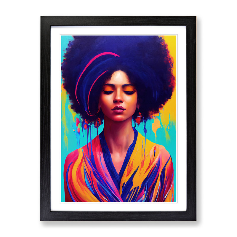 FRM-V0523-2938X Woman With Afro Painted - Single Picture Frame Print, 64cm H x 46cm W x 2cm D, Black