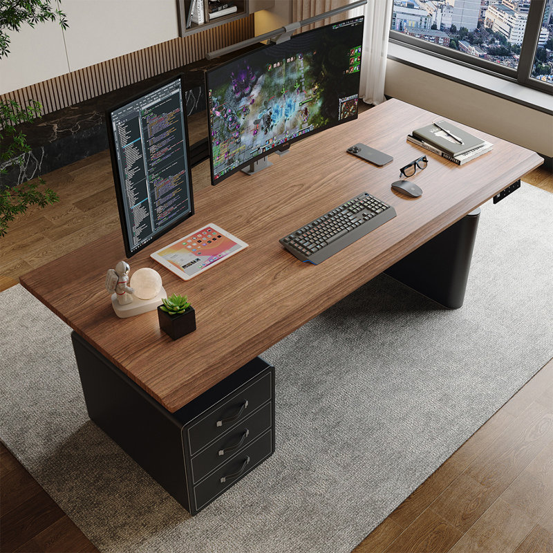 Bureau à 3 tiroirs brun noisette + réglable en hauteur massif noir + bois manufacturé + acier au carbone, Retour à gauche