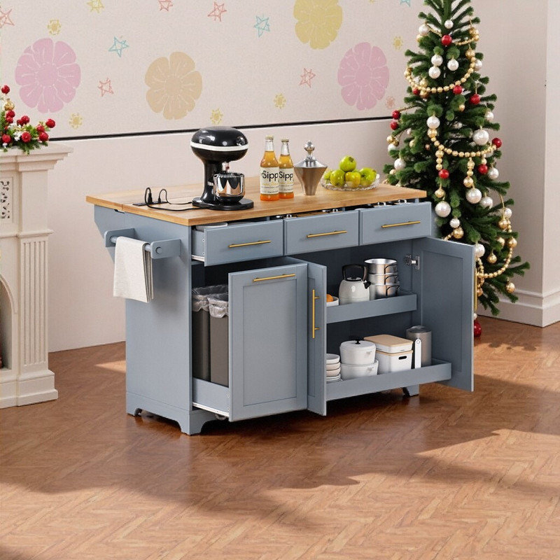 Chariot pour îlot de cuisine de 59,3 po de large avec plateau coulissant en bois d'hévéa avec organisateurs coulissants, armoire à déchets, 2 prises CA + USB-C, 3 tiroirs, 5 roulettes