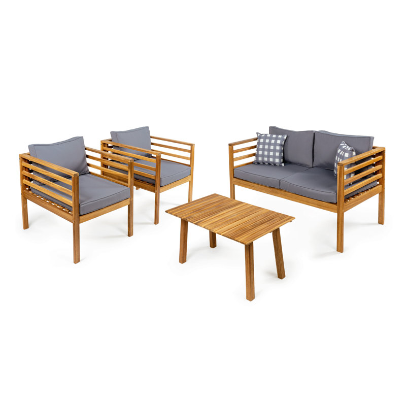 Thom Modern 4-Piece Teak Brown Acacia Wood Outdoor Patio Conversation Set with Loveseat, Chairs, Coffee Table & Removable Gray Cushions