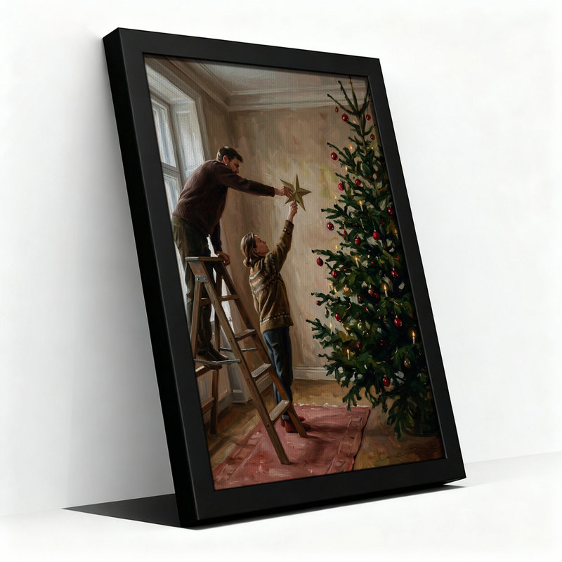 Couple, plaçant une étoile dorée sur un arbre de Noël, art mural sur toile, 24"H x 16"W