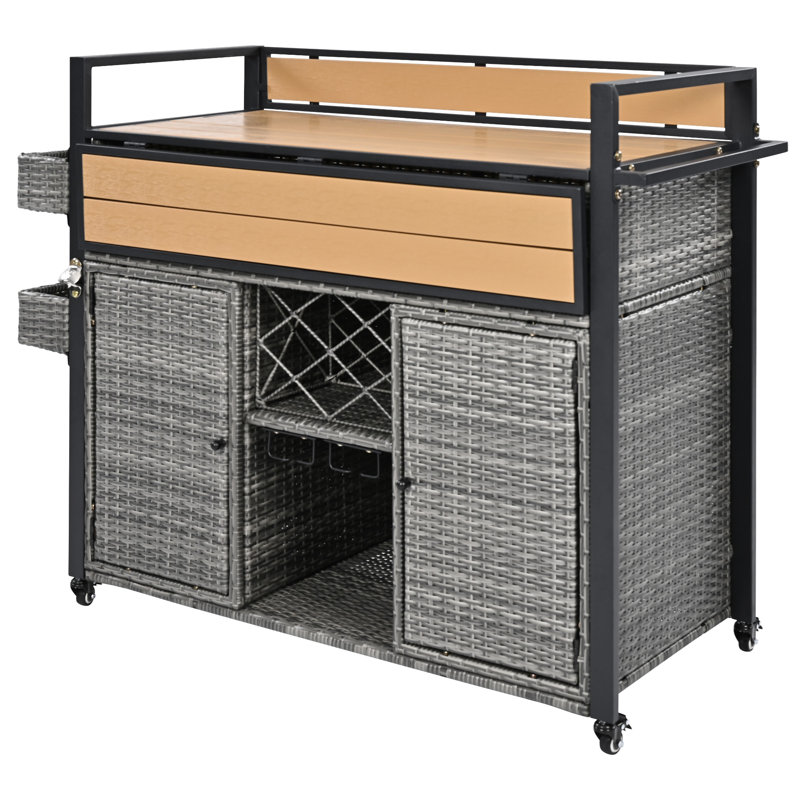 52.8"W Wicker Outdoor Grill Cart with Extended Plastic Wood Table Top, Rolling Kitchen Island on Wheels with Storage Cabinet, for Patio Backyard Garden Poolside, Double Handle Design, Grey