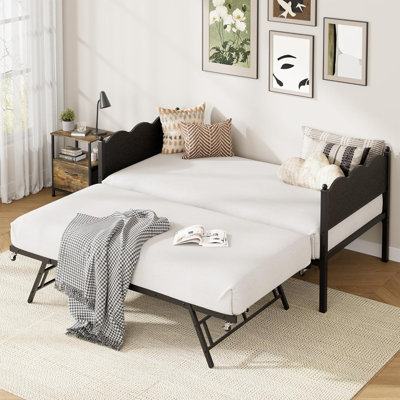 Lit de jour simple avec lit gigogne, lit de jour avec tête de lit en grain de bois industriel, support de lattes en acier et roulettes verrouillables, peu encombrant et multifonctionnel, assemblage facile pour le salon, la chambre à coucher, noir