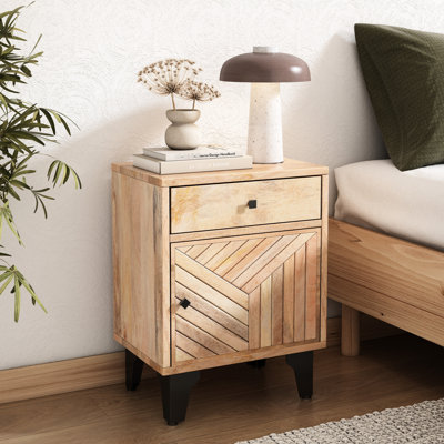 Table de chevet en bois de manguier massif de style rétro avec tiroir coulissant, ton naturel, installation rapide et facile, l 14 po de largeur x 18 po de profondeur, assemblage simple et l