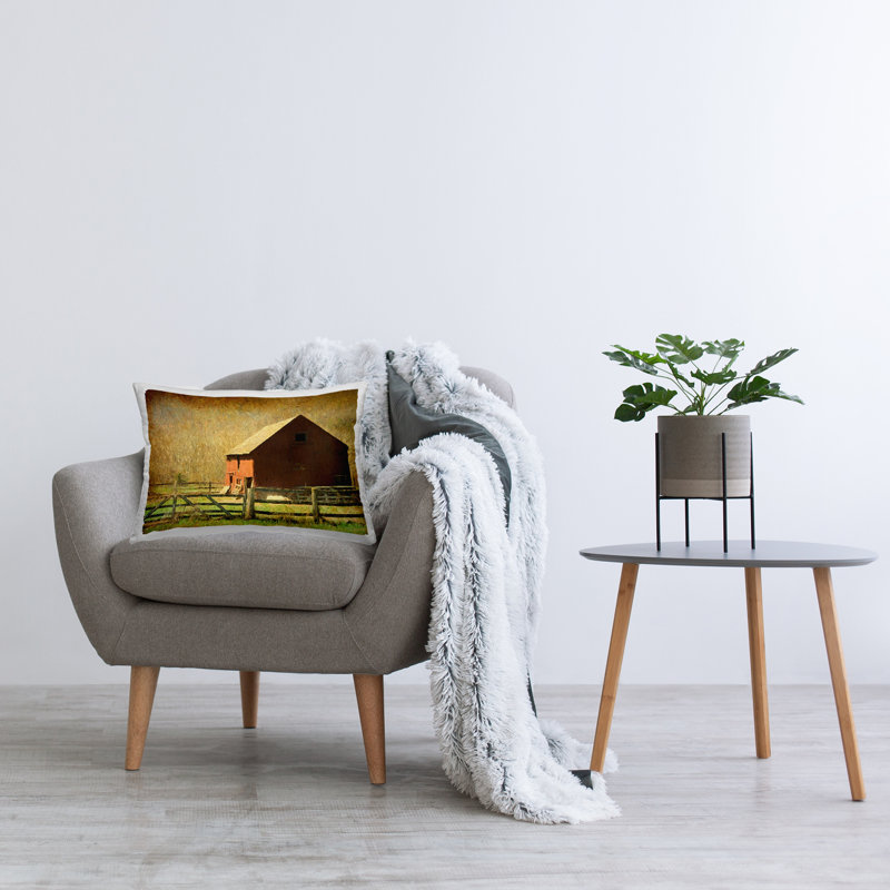 Red Barn Distressed Pattern Decorative Printed Throw Pillow by Graffitee Studios