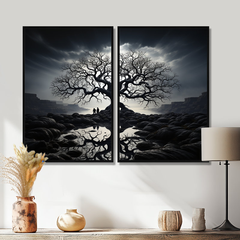 Le contraste arbre monochrome II - grand arbre monochrome, art mural, 36" H x 48" W, Impression encadrée flottante, Black