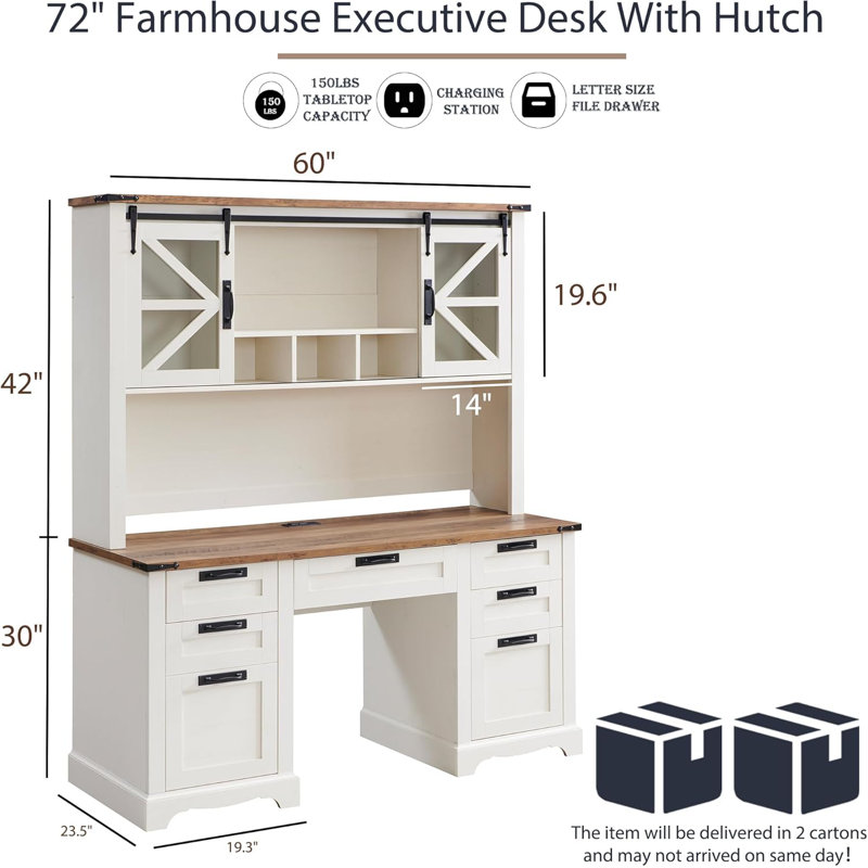 Hirth 60"W Farmhouse Desk With Hutch, Wood Executive Desk With Sliding Barn Doors, 2 Storage Cabinet