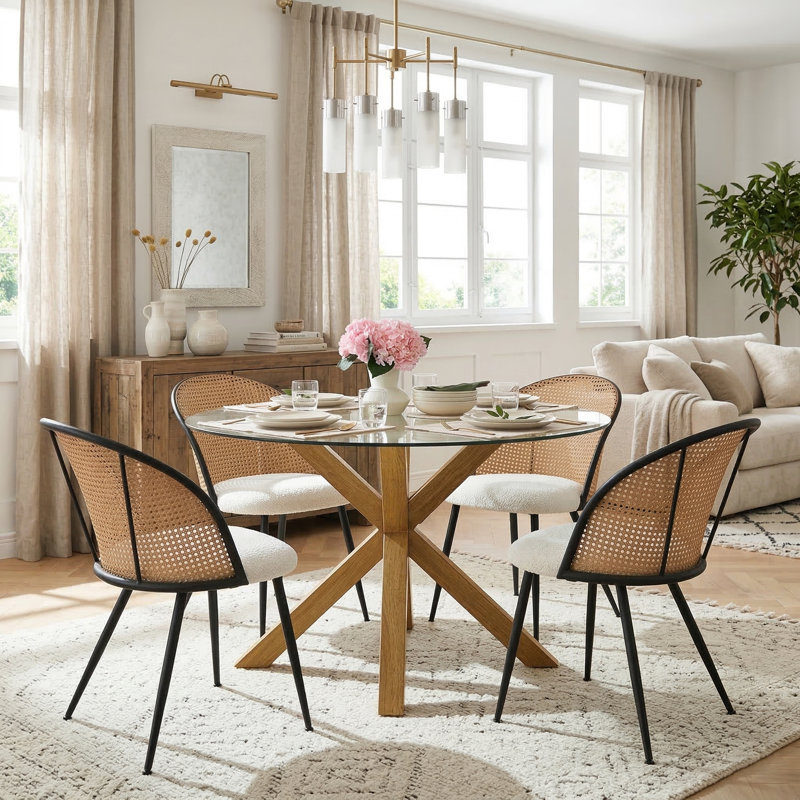 Ensemble de salle à manger rond rembourré pour 4 personnes 39,4 po Buity, Blanc/naturel