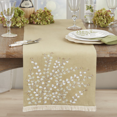 Embroidered Botanical Table Runner – Lined Decorative Table Runner with Fringe for Dining & Console Tables, 16"x72"