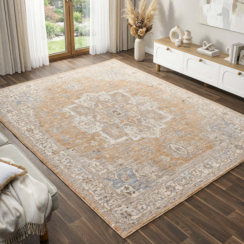 Tapis d'intérieur Vladilen Rose/Ivoire à médaillon transitionnel performant, 6 pi x 9 pi