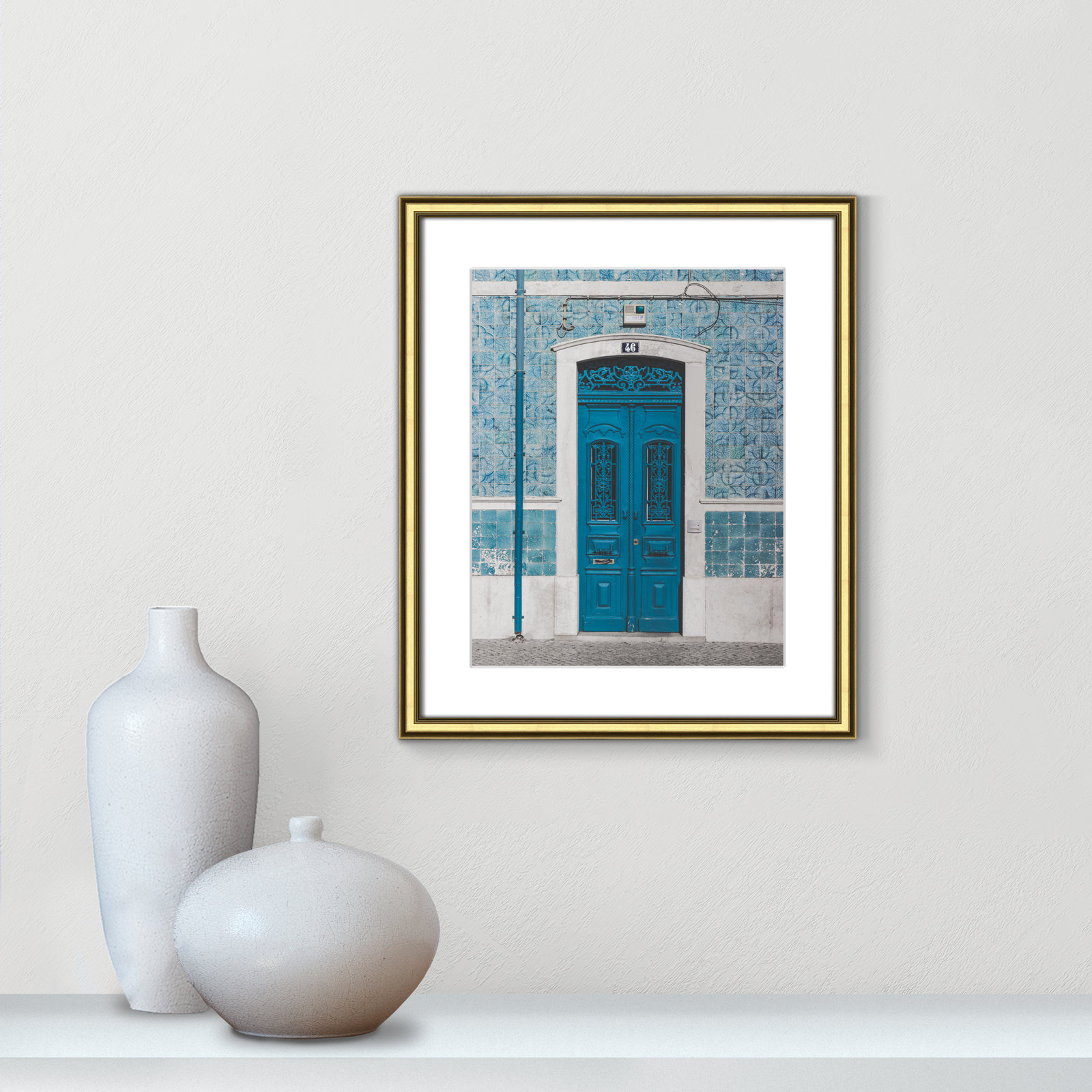 Blue Door Of Caldas De Rainha, Portugual by Catarina Carvalho, 20.25" H x 17.25" W x 0.88" D, Gold