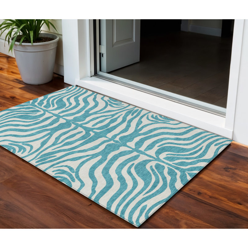 HomeRoots 3' X 5' Teal Blue Animal Print Washable Indoor Outdoor Area Rug