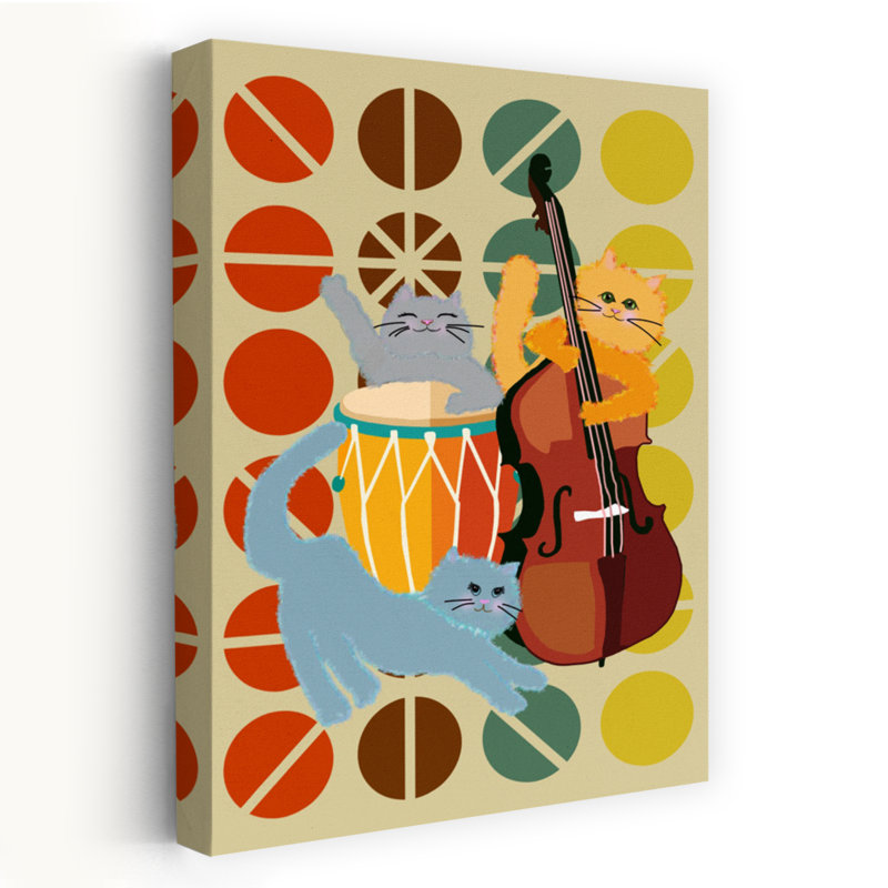 Retro Cat Jazz Band Geometric Playful Retro Cat Wall Art Print 1 Piece Wrapped Canvas Wall Art, 60.96cm H x 40.64cm W