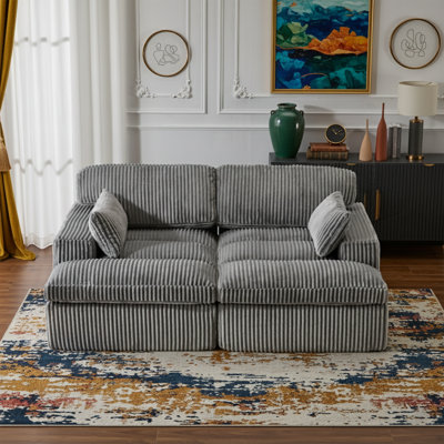 Chaise longue double en velours côtelé gris, canapé-lit Cloud de 74 po, siège profond sans assemblage avec garniture cloutée en cuivre