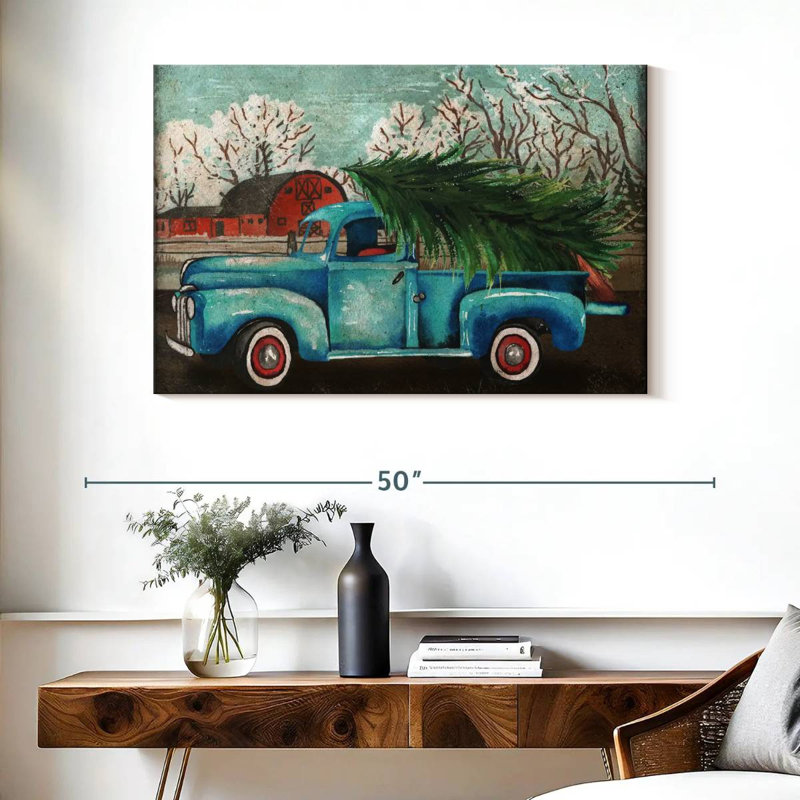 Camion bleu Mehar et arbre I, H 26 po x l 39 po