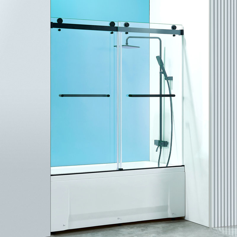 56 à 60 po X 60 po Porte de douche double coulissante, 5/16 po Verre trempé transparent facile à nettoyer Noir mat