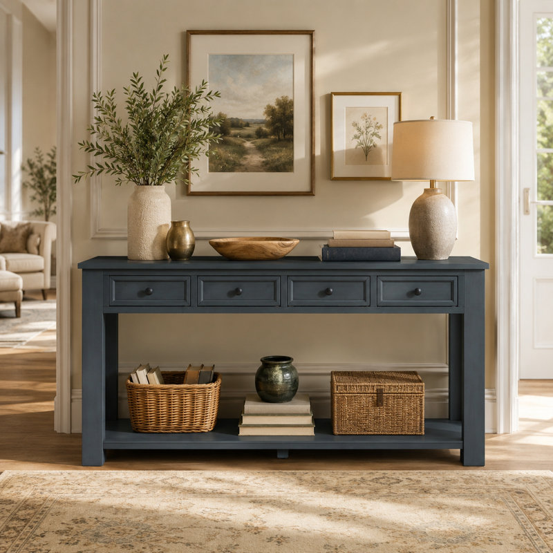 Console en bois avec tiroirs et tablette inférieure Ameah, Bleu marine