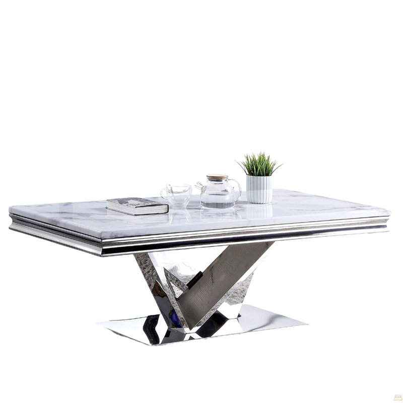 Table basse avec socle rectangulaire en faux marbre 18 mm avec structure en V et structure en acier inoxydable