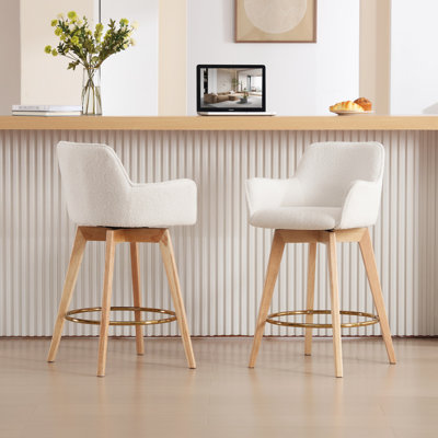 Lovetro Swivel Full Back Arms Upholstered 25.8"H Counter Stool with Solid Rubberwood Frame and Gold Footrest