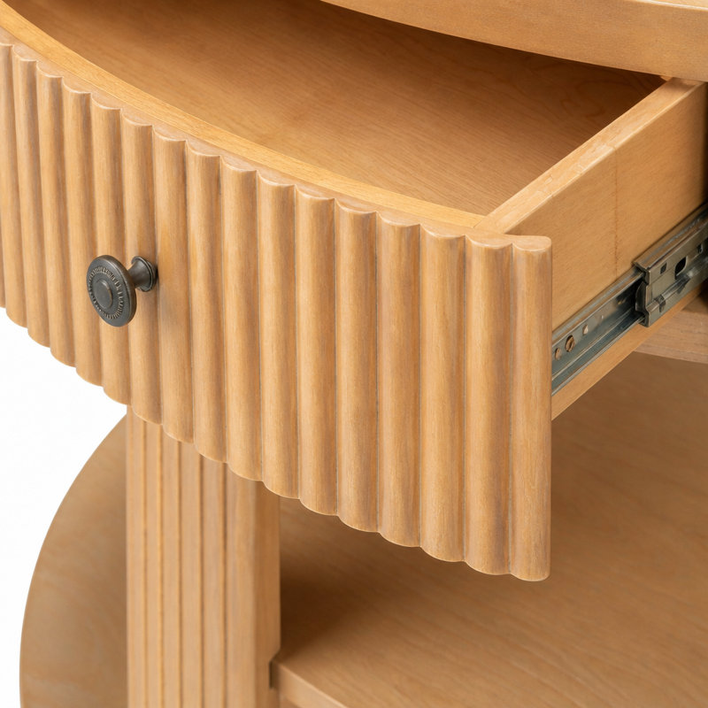 Console cannelée demi-lune avec tiroir et 2 tablettes, Naturel