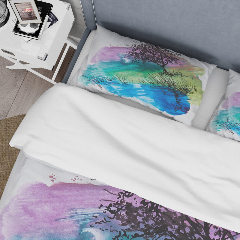 Silhouette d'arbre sur la berge la nuit - Ensemble de housse de couette moderne - Microfibre de polyester