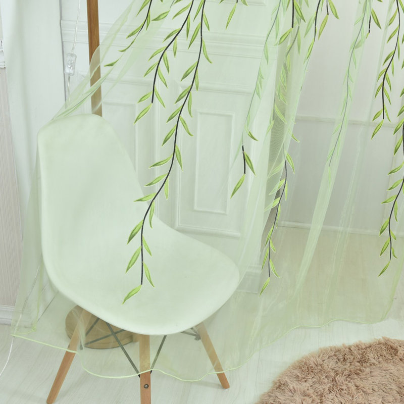 4 panneaux de rideaux transparents en forme de feuille de saule, rideaux décoratifs en gaze de style pastorale pour la chambre à coucher, 39,37 x 78,74 po, vert
