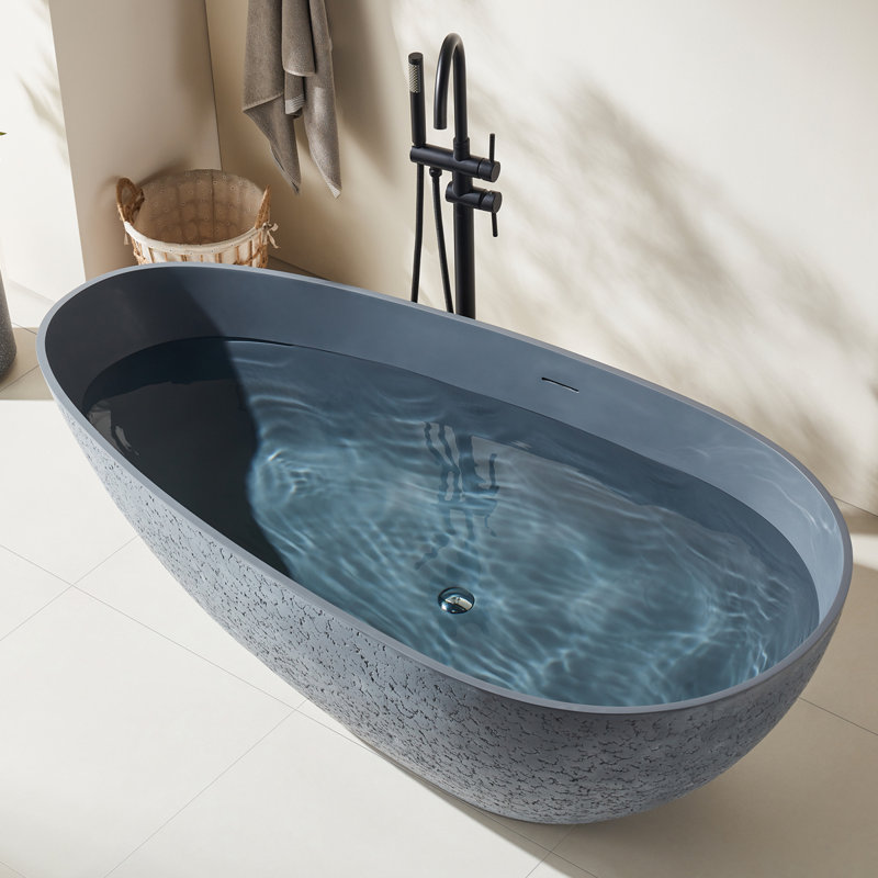  Baignoire de trempage autoportante à surface solide de 66,93 po x 33,46 po avec bonde escamotable et trop-plein, couleur ciment pour le corps + point extérieur