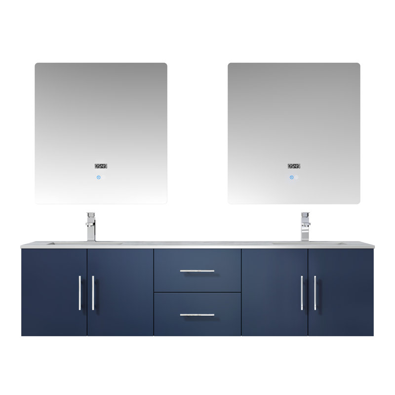 Geneva 72" Wall-Mounted Double Bathroom Vanity Set with Mirror, Navy Blue, White Carrara Marble