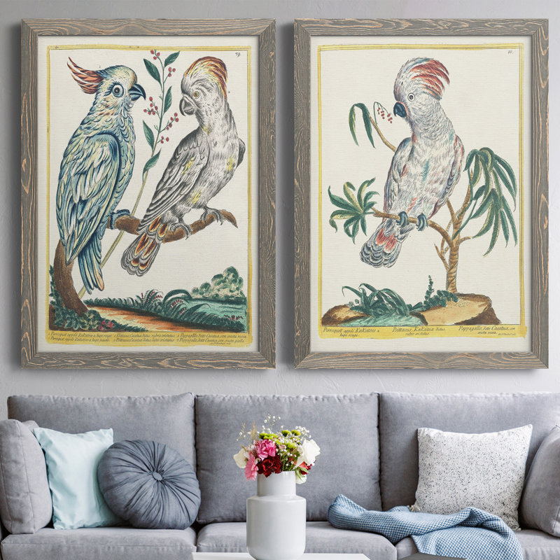 «Pastel Birds I», toile encadrée de qualité supérieure - prête à être accrochée, Toile avec cadre gris