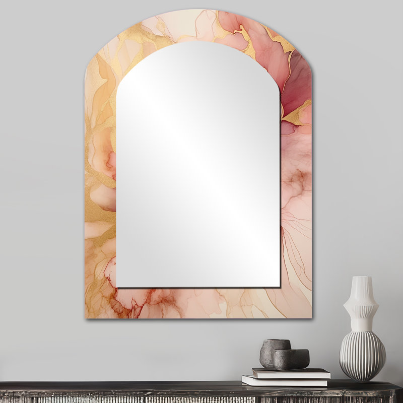 Blue Pink Luminous Liquids II - Abstract Arch Wall Mirror, Gold Asymmetrical Decorative Mirror, Printed Metal Art, 34" x 25"