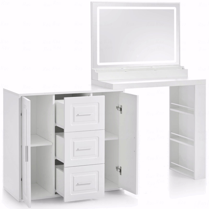 Bureau de coiffeuse de 59 po avec miroir, miroir de coiffeuse avec lumières à DEL, coiffeuse (coiffeuse de maquillage) avec 3 tiroirs et 2 armoires, coiffeuse avec tablettes de rangement, blanc, pour la chambre à coucher