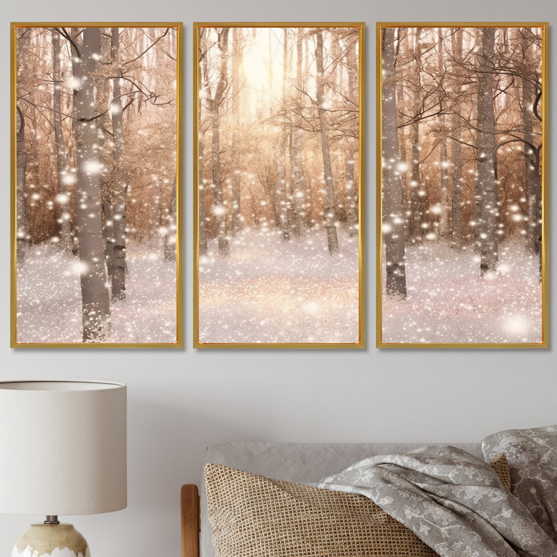 Sparkling Snow Sunshine - Ensemble de décoration murale arbre séquoia, Cadre flottant doré, H 32 po x l 48 po x P 1 po