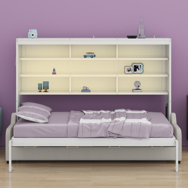 Lit armoire avec canapé escamotable Murphy, tablettes de rangement intégrées et lumière DEL, Grand lit