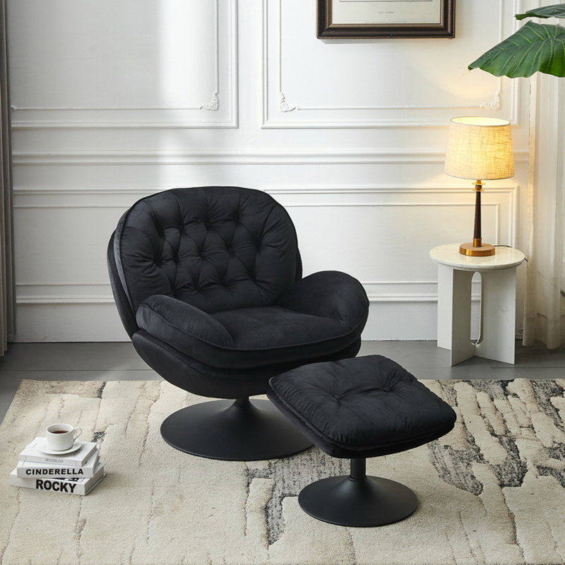 Zenon Velvet Swivel Accent Chair with Ottoman, Black Velvet