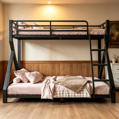 Lit superposé moderne à profil bas en métal avec échelle, structure de lit simple sur lit double, lattes améliorées robustes, conception silencieuse et peu encombrante, noir.