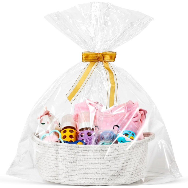 Small Woven Basket With Gift Bags And Ribbons, Empty Decorative Gift Chest Box, Cute Baby Gift Basket For Nursery, Cotton Rope Room Shelf Storage Basket With Handles, 12"X 8"X 5"