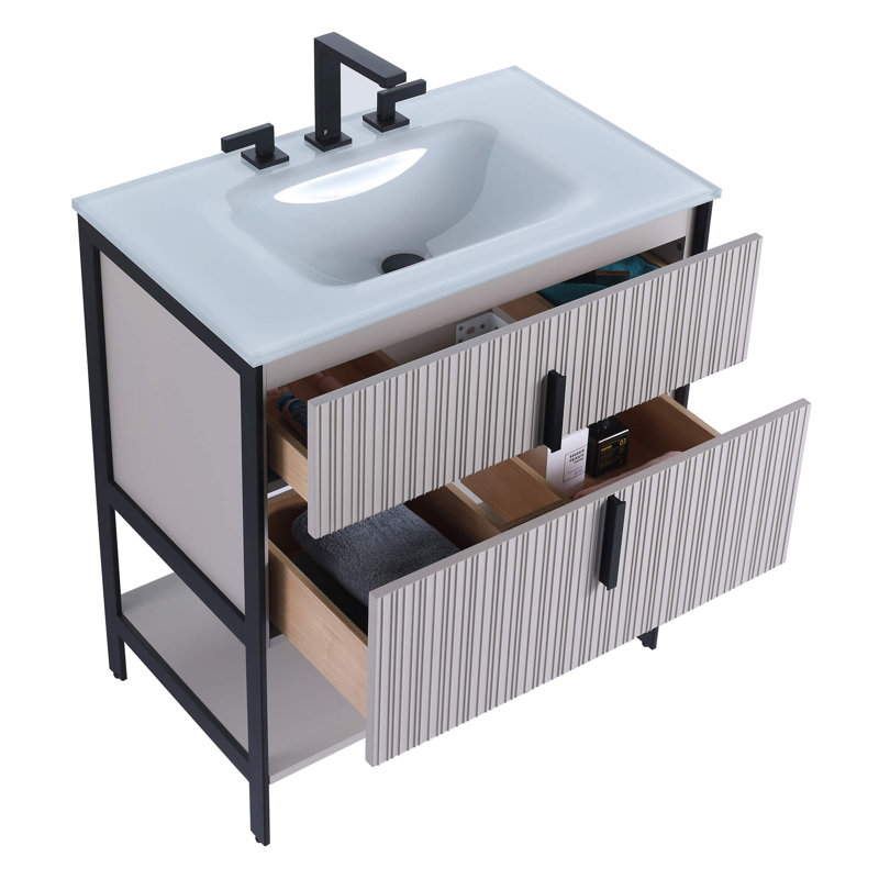 Meuble-lavabo simple avec plateau en verre Millisa, Taupe éclatant, Noir, 30"