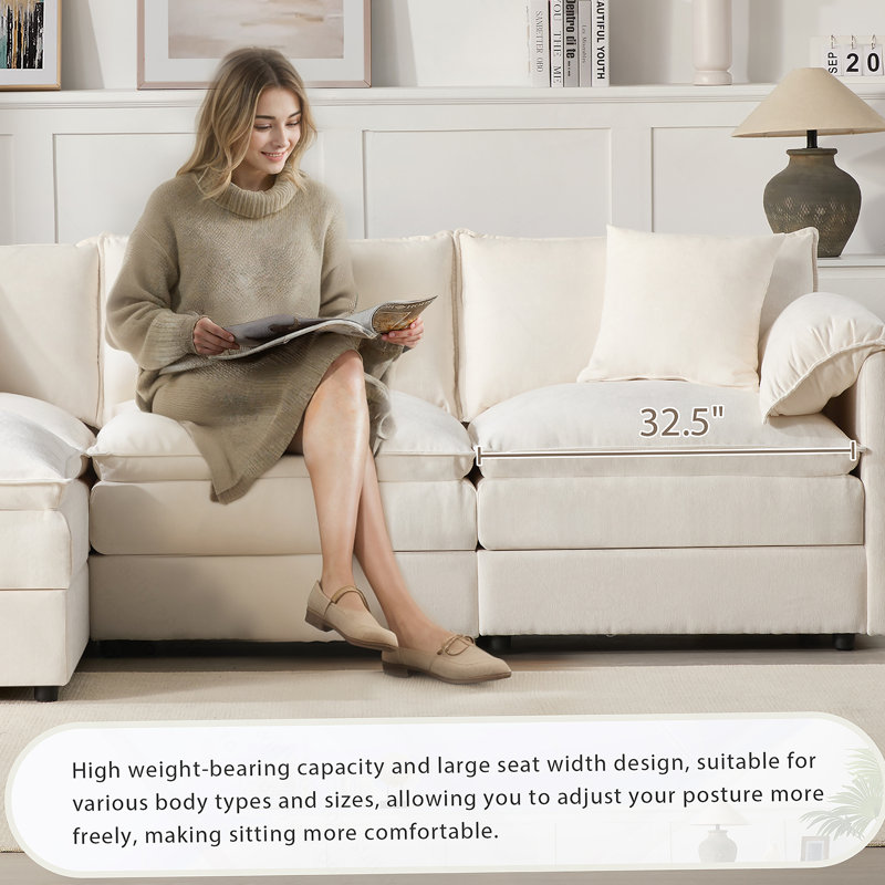 103" Chenille Modular L-Shaped Sectional Sofa: 4-Seat Deep Wide Seat Couch With Movable Ottoman For Living Room & Apartment
