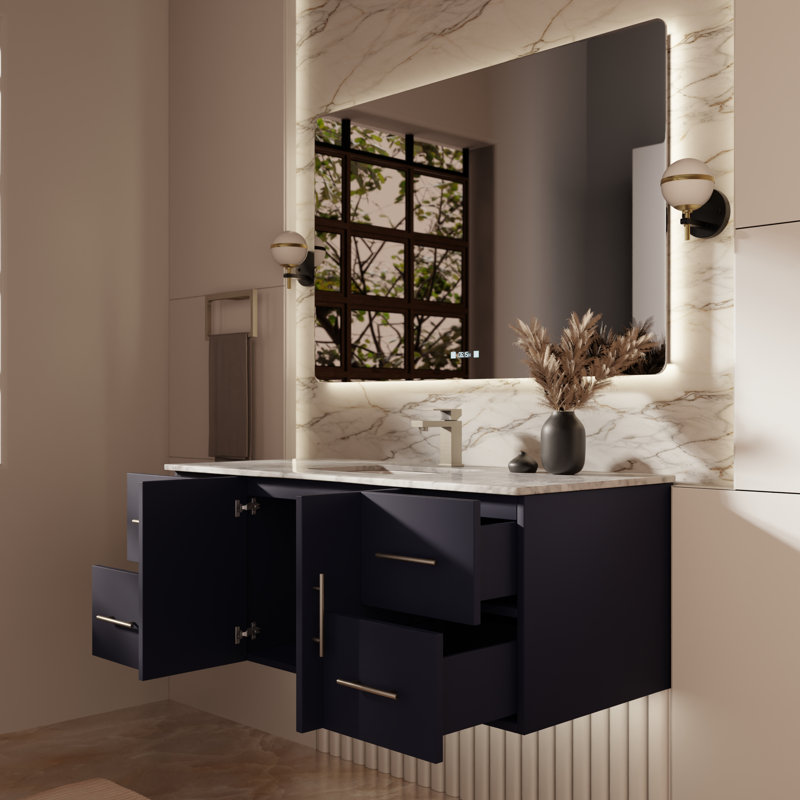 Ensemble de meuble-lavabo simple mural 48 po Geneva, Marine, Marbre de Carrare blanc