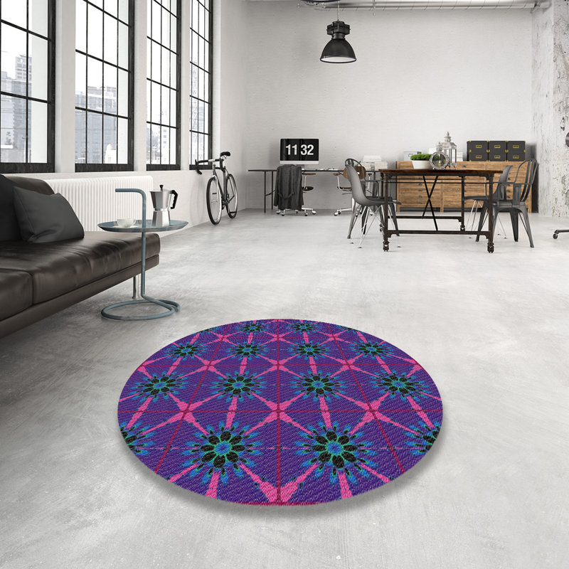 Rose floral/violet/vert Tapis décoratif, Rond 7 pi
