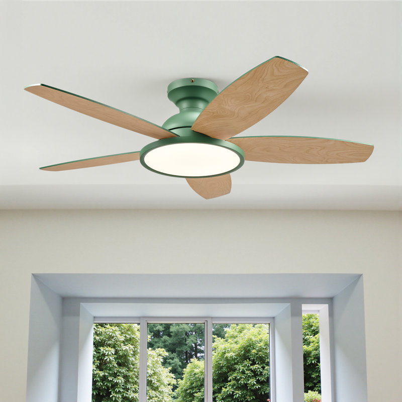 Ventilateur de plafond encastré avec lumière DEL et télécommande, Vert avec pales en bois vert / chêne, 42"